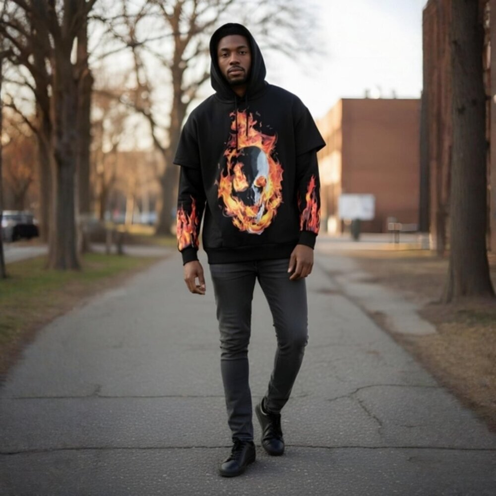 Current Mood ✦ Black Orange Flame Hoodie ✦ Detention Fire Skull Pullover S NWT - Picture 3 of 9